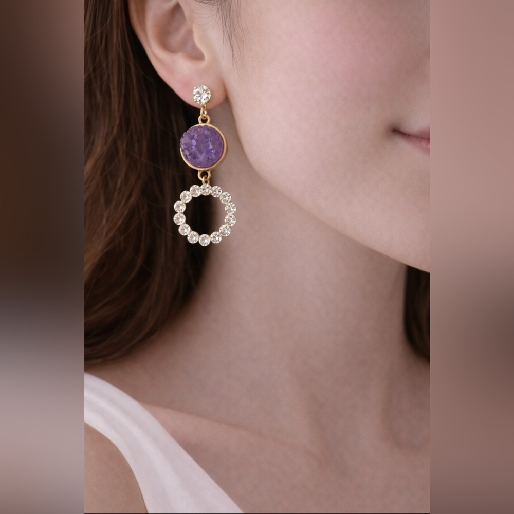 Pastel Faux Purple Stone Crystal Gold Rhinestone Earrings Dangle Drop Party NEW